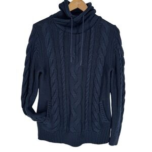 LL Bean Mens Fisherman Cable Knit Funnel Neck Sweater M Navy Blue Thick Heavy